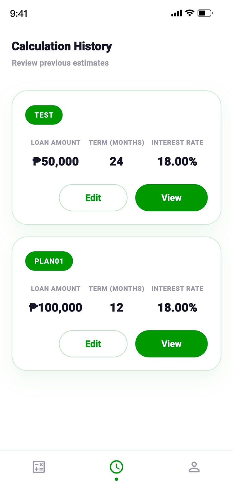Review saved loan calculation plans